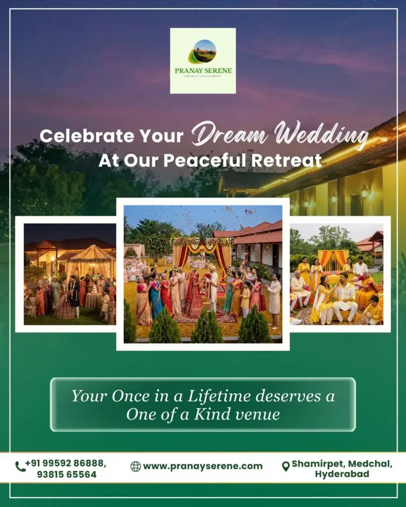 Outdoor wedding setup at Pranay Serene luxury resort in Hyderabad